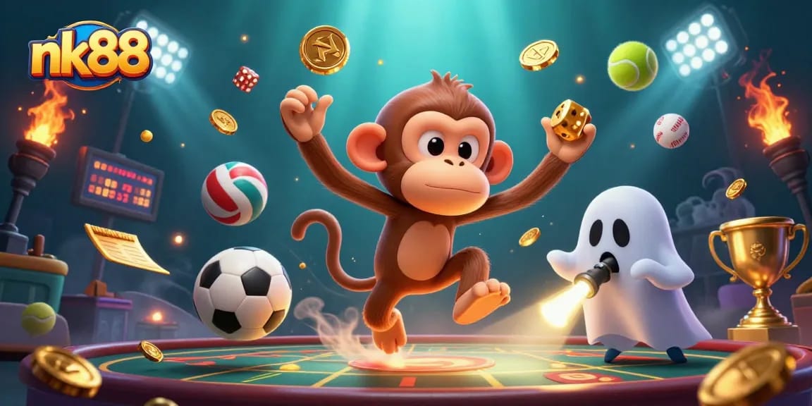 Play at nk88 with a poltergeist monkey and a ghost-hunter puppy in an exciting casino scene.