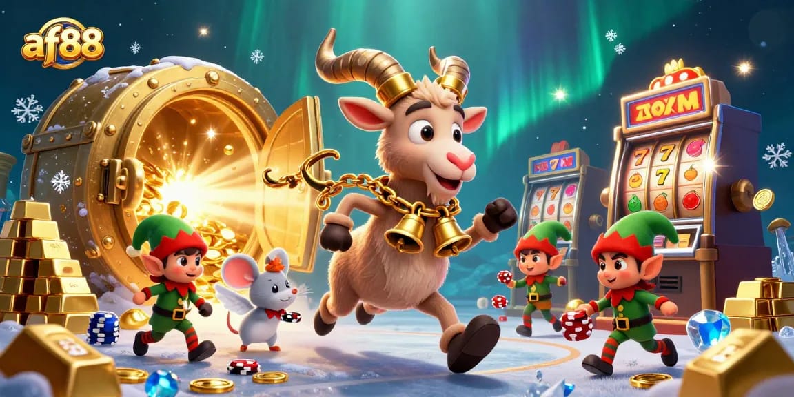 Spin the reels with af88's festive Krampus-goat in a vibrant casino atmosphere.