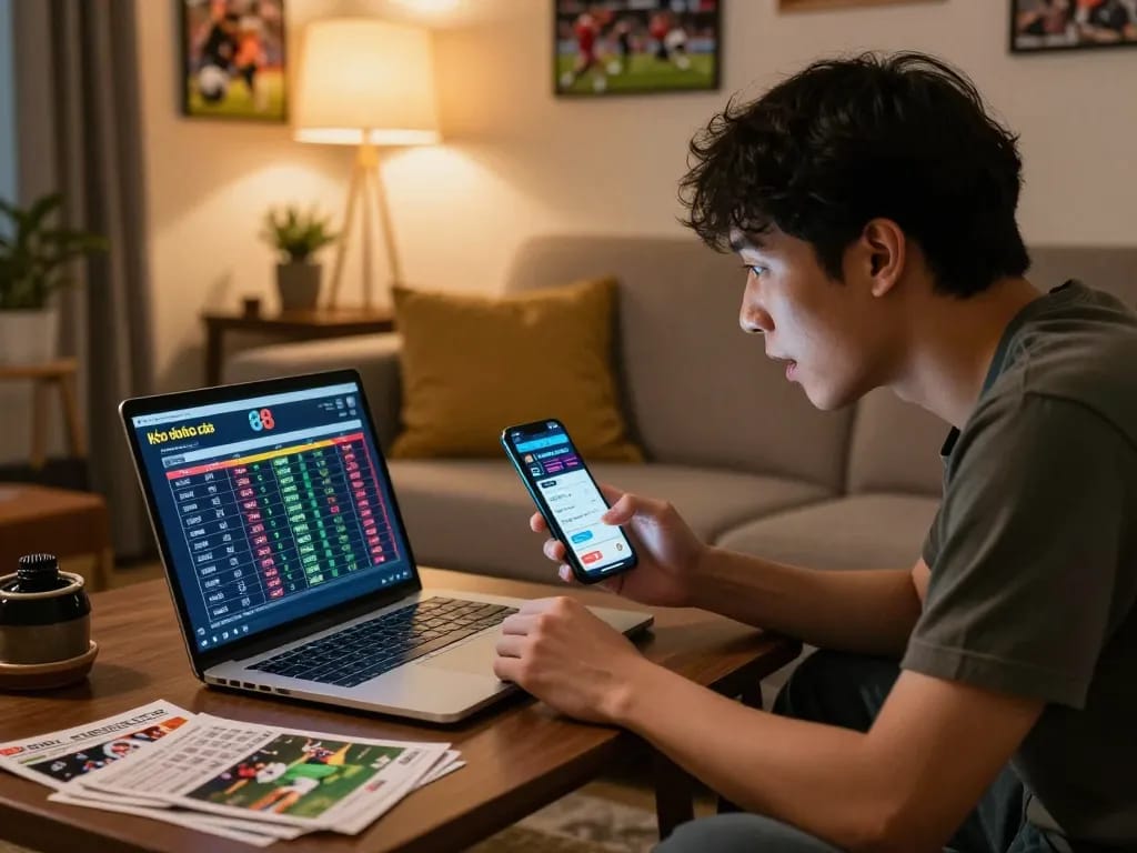 Engaged user reviewing kèo nhà cái 88 betting odds on laptop, creating a vibrant sports betting atmosphere.