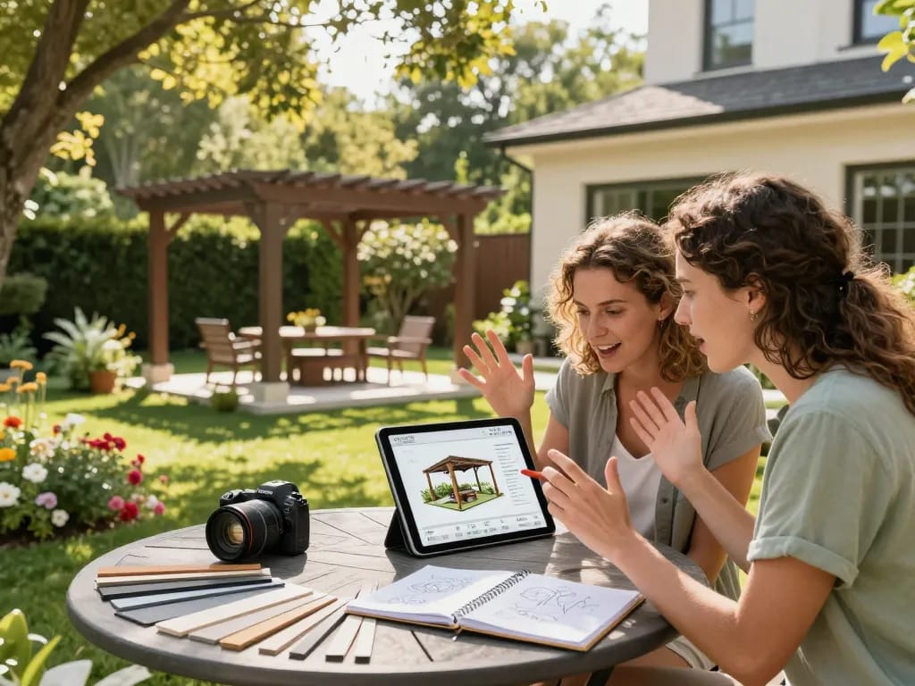 Couple using a 3D Pergola Configurator in their garden to visualize custom pergola designs seamlessly integrated into their outdoor space.