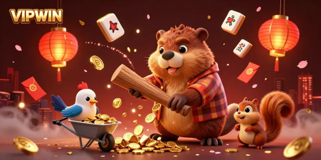 Experience excitement with VIPWIN as a cartoon beaver collects gold coins in a dynamic casino scene.