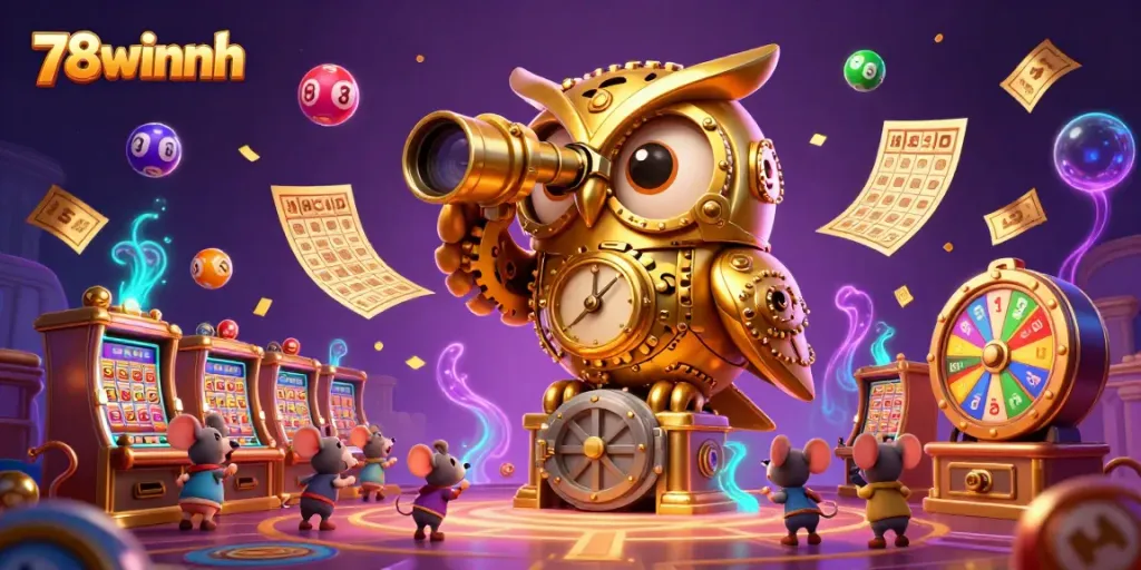 Experience the thrills of gaming at 78winnh with an enchanting scene of a golden owl overseeing a dynamic casino floor.