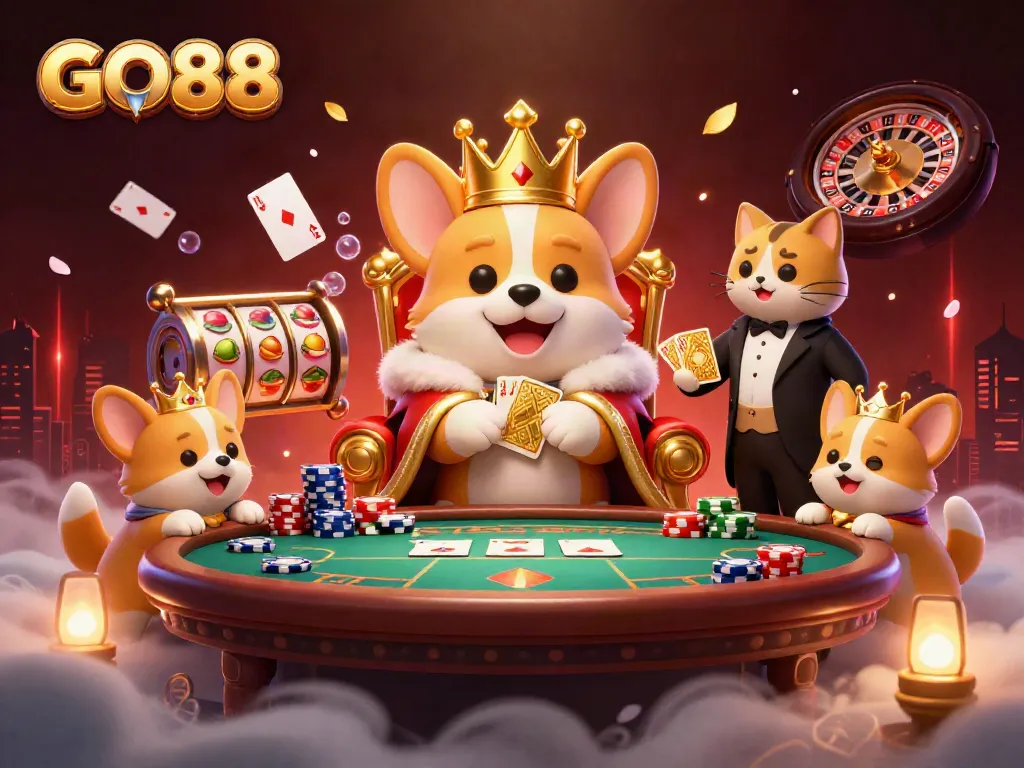 Engage in exhilarating gaming at GO88 with a royal corgi and poker elements delightfully illustrated.