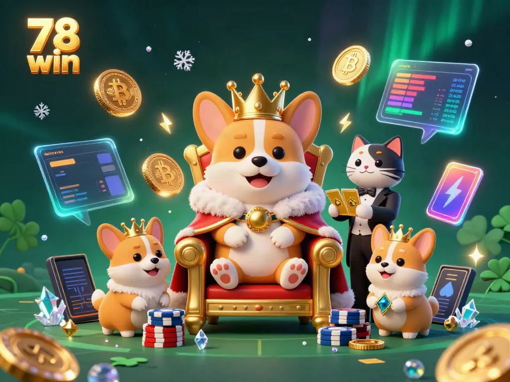 Experience exciting gameplay with 78 win as the royal corgi and cat butler present winning cards and crypto elements.