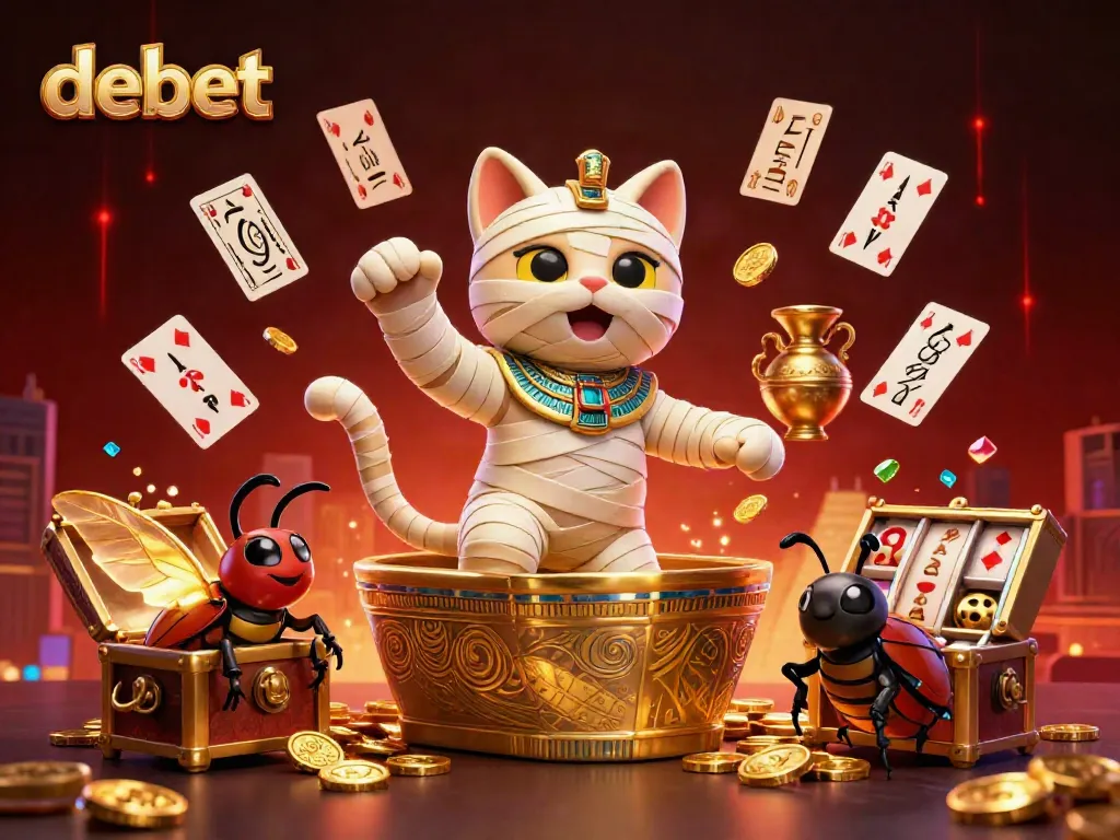 Experience the thrill of debet in a vibrant pyramid casino with an Egyptian mummy cat, adding excitement to your gaming.