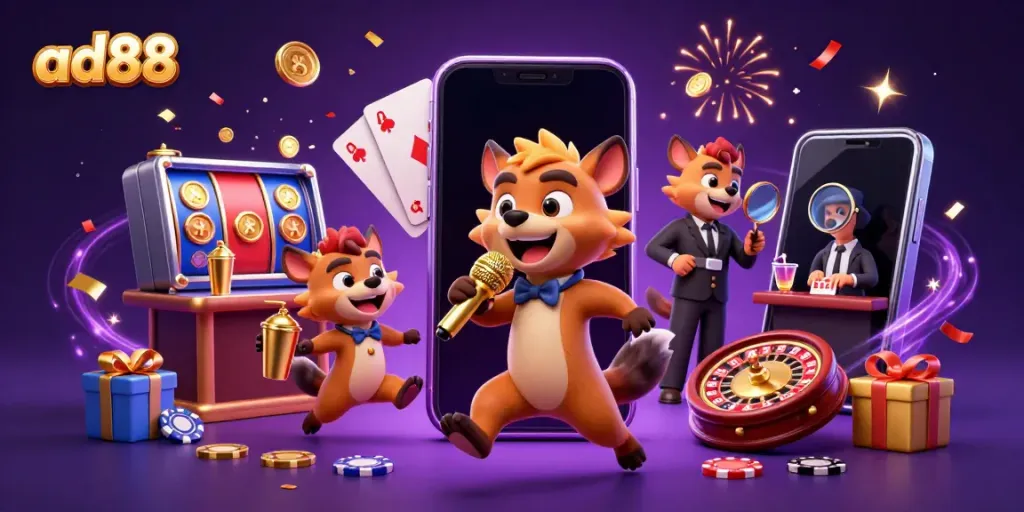 Ad88 hyenas entertain in a colorful casino scene with slot games and festive elements.