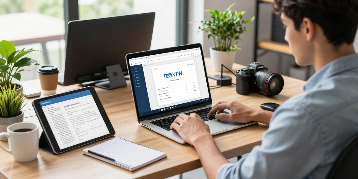 User exploring快连 VPN software in a modern tech workspace full of gadgets.