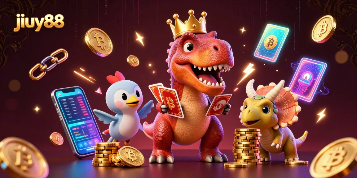 Engage with jiuy88 as a T-Rex shuffles cards while crypto elements enhance the scene.