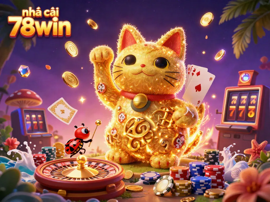 Experience excitement at nhà cái 78win with the vibrant, dynamic illustration of casino games, lucky symbols, and rich treasures.