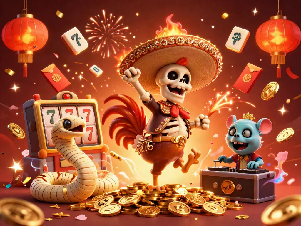 Experience the excitement of FIVE88 with a victory dance of colorful casino characters amidst gold riches.