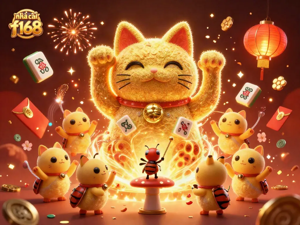 Engage in thrilling gaming action with nhà cái f168's vibrant casino experience featuring a giant lucky cat.