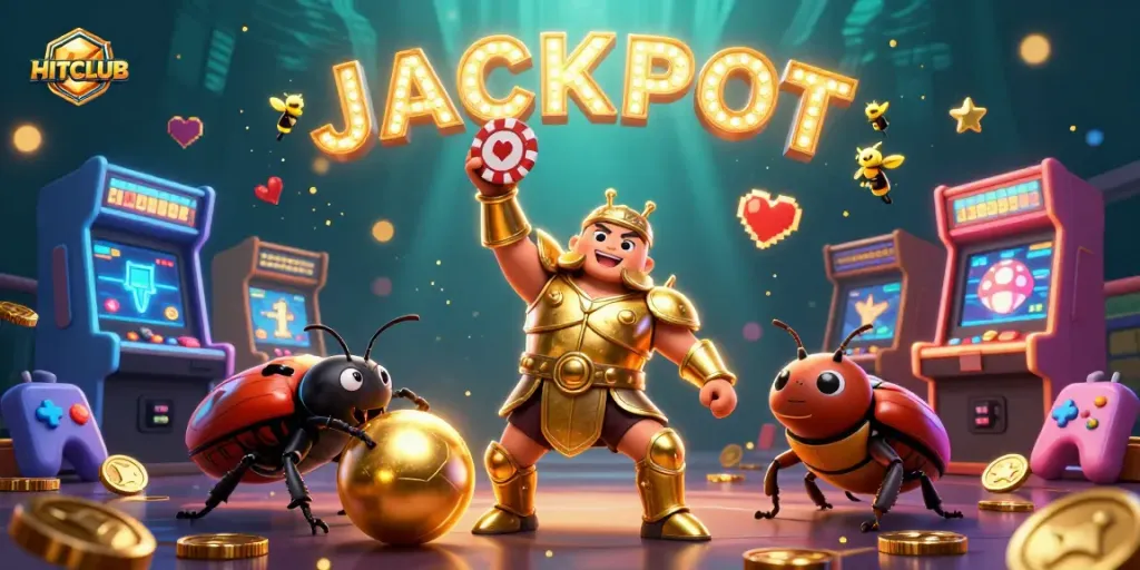 Experience the thrill of HITCLUB where the gladiator beetle celebrates victory amidst a vibrant casino backdrop.