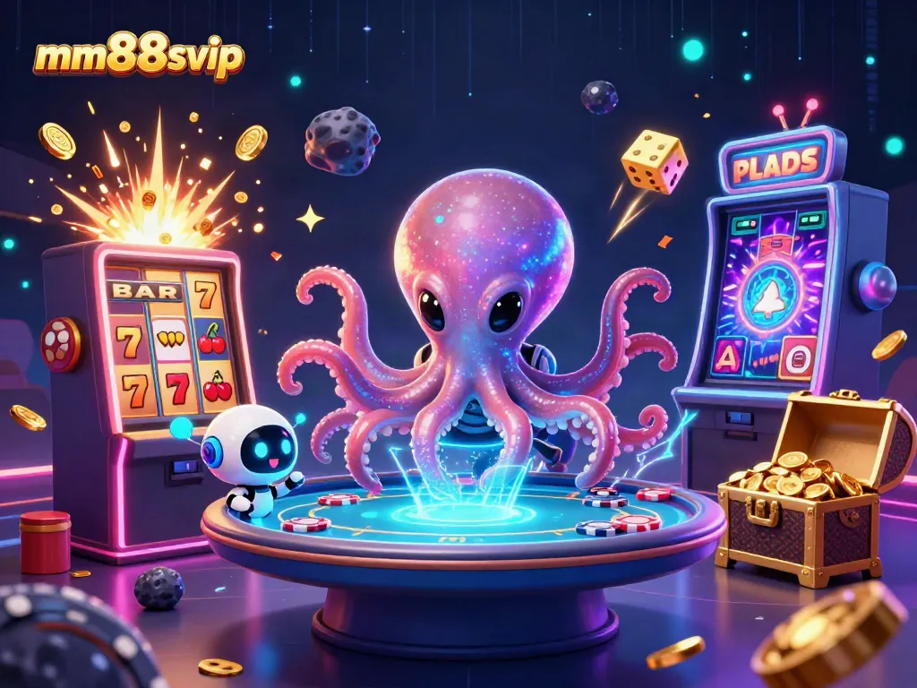 Experience the thrilling joy of mm88svip's unique gaming with vibrant 3D illustration of galactic casino action.