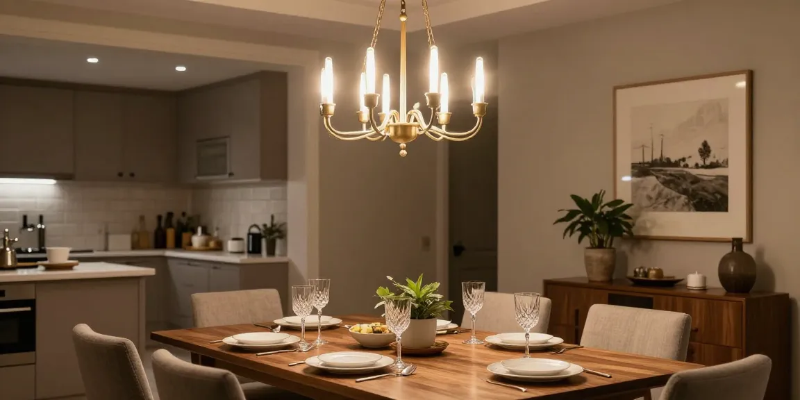 Candelabru elegant în dining room modern, cu masă aranjată pentru cine rafinate.