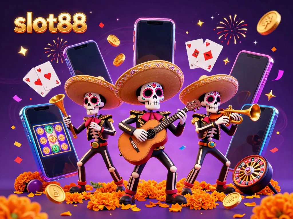 Play thrilling slot88 games with vibrant mariachi skeletons celebrating around colorful slot elements.