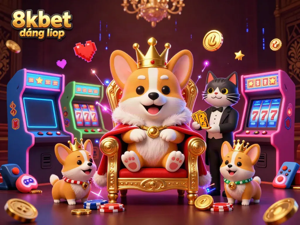 Play and win with 8xbet đăng nhập, featuring a royal corgi on a poker chip throne among vibrant gaming elements.