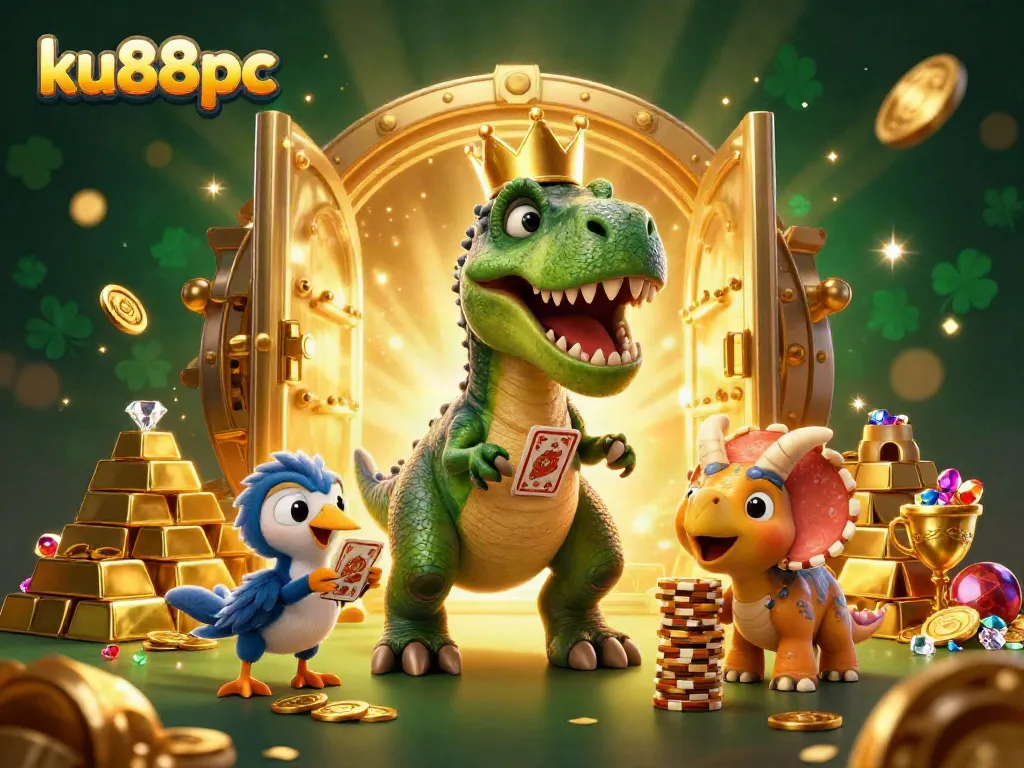 Engaging ku88pc casino adventure with T-Rex card shuffling, gems, and treasures.