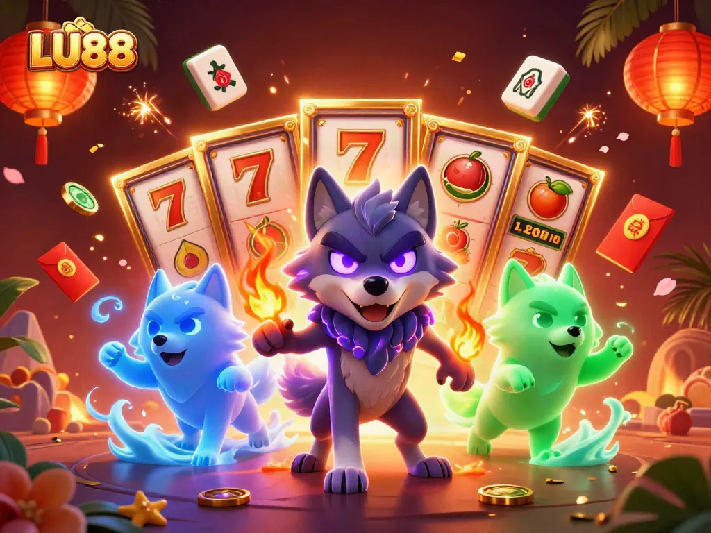 LU88 showcases thrilling slot games with a vivid 3D casino scene filled with excitement and energy.