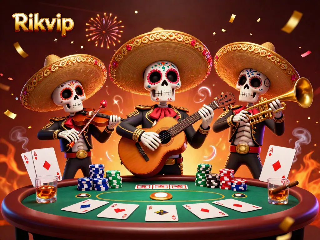 Experience thrilling action at Rikvip with a vibrant skeleton mariachi band celebrating around a poker table.