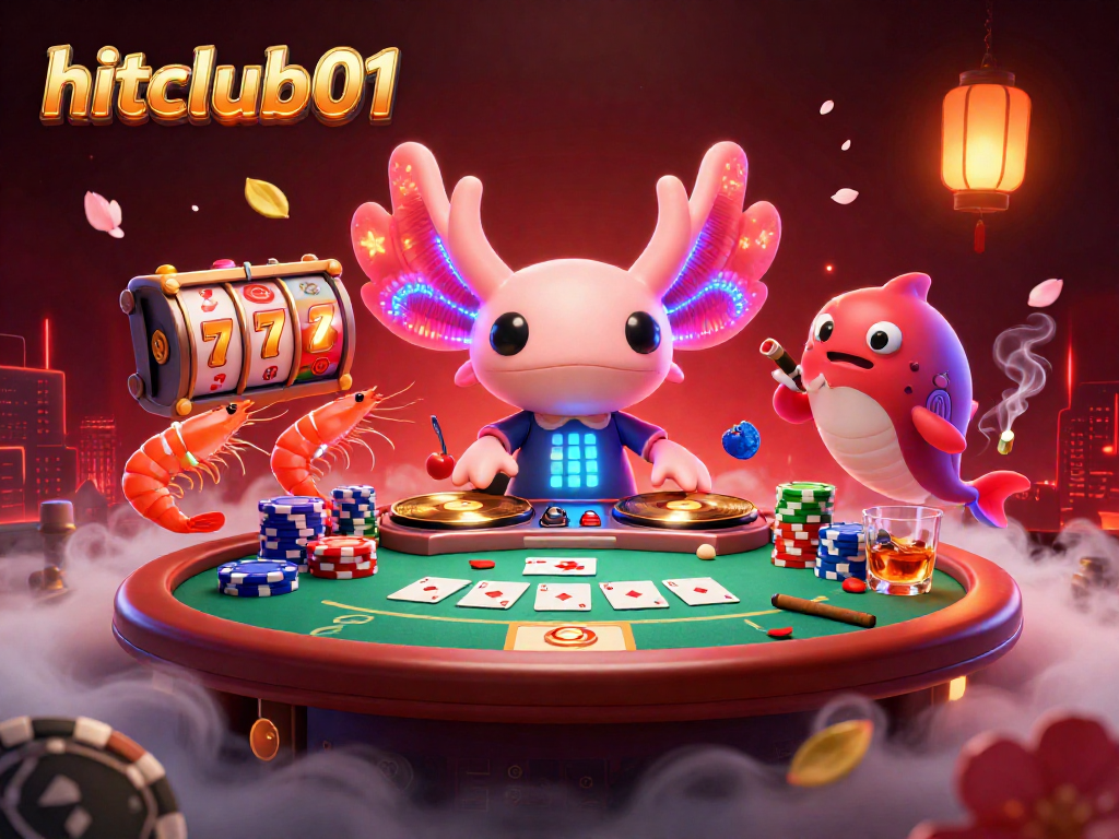 Engage with hitclub01's vibrant slot action featuring a neon axolotl DJ and dynamic gambling elements.