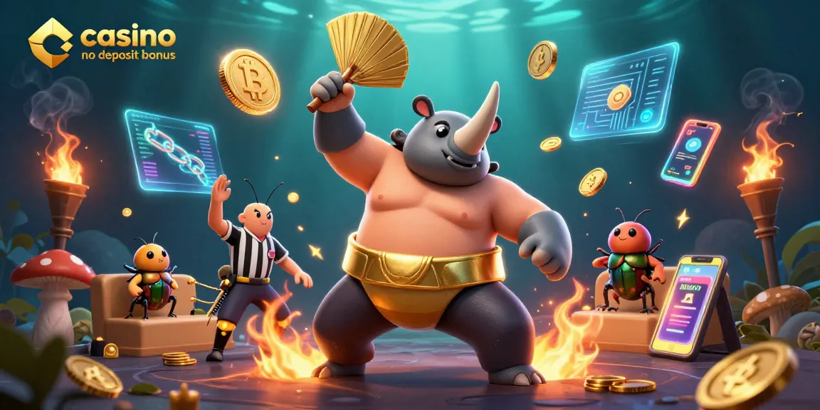 Experience thrilling casino no deposit bonus offers with vibrant illustrations of beetle champions and crypto elements.