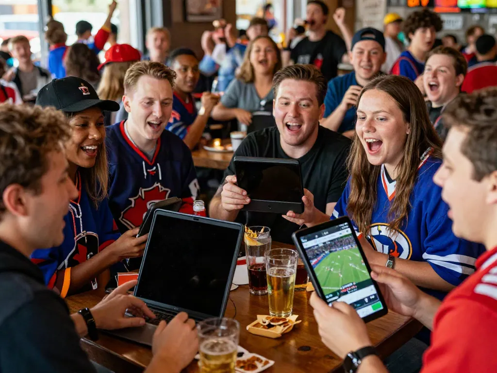 Excited group of friends enjoying the game while using the Streek Sportsbook Canada app in a vibrant sports bar.