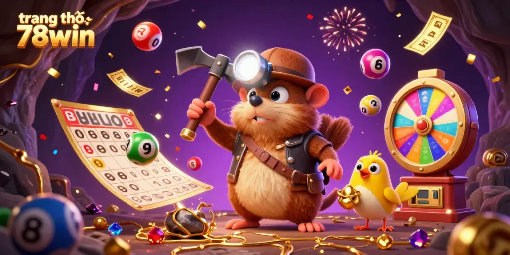 Join the excitement at trang chủ 78win with vibrant lottery balls and a treasure hunter mole in a magical casino cave.