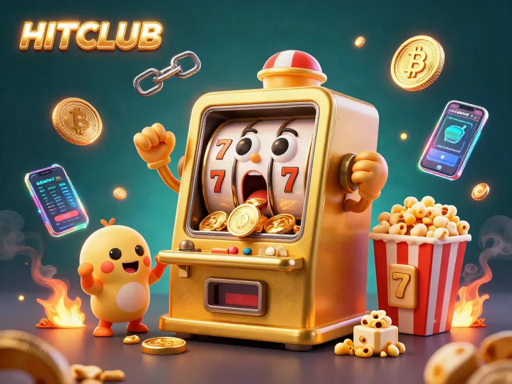 Experience the HITCLUB excitement as the golden slot machine hits a jackpot, surrounded by vibrant gambling elements.