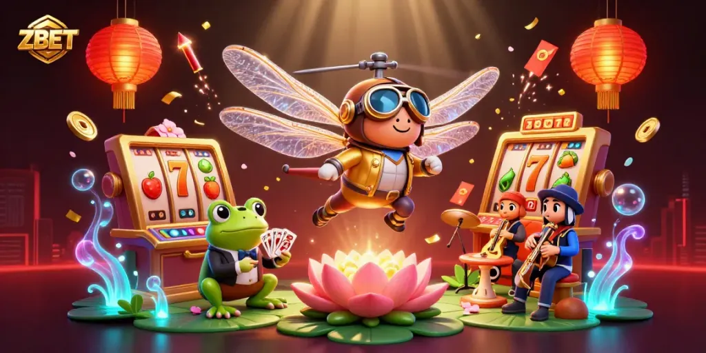 ZBET engages players with dynamic 3D scenes of casino adventures with a vibrant dragonfly pilot and lively casino characters.