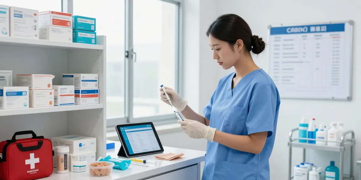 Efficient healthcare professional managing medical supplies Canada in a clean supply room