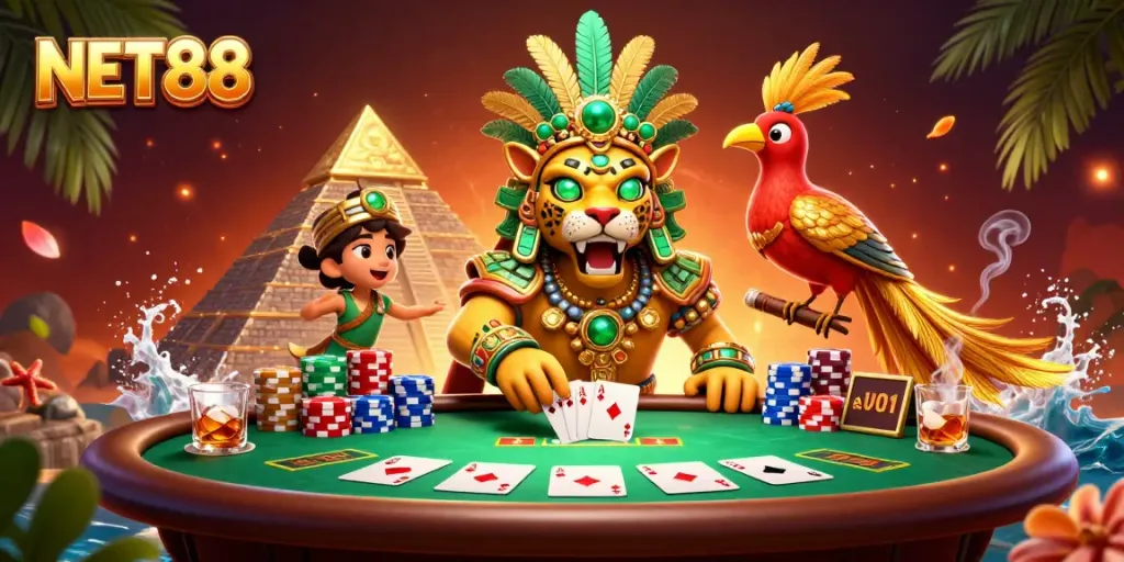 Join the excitement at NET88 with vibrant poker action featuring a Mayan priest and quetzal bird.