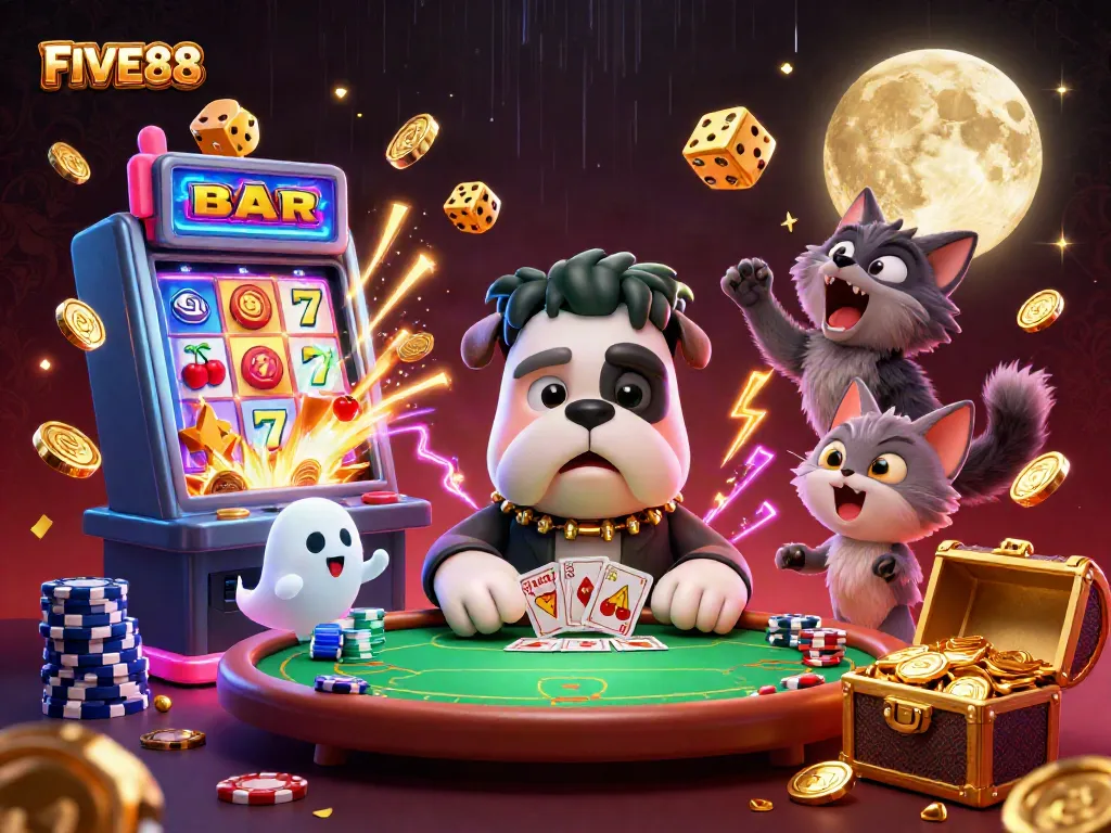 FIVE88 showcases a vibrant casino scene with a Frankenstein bulldog and a werewolf kitten in action.