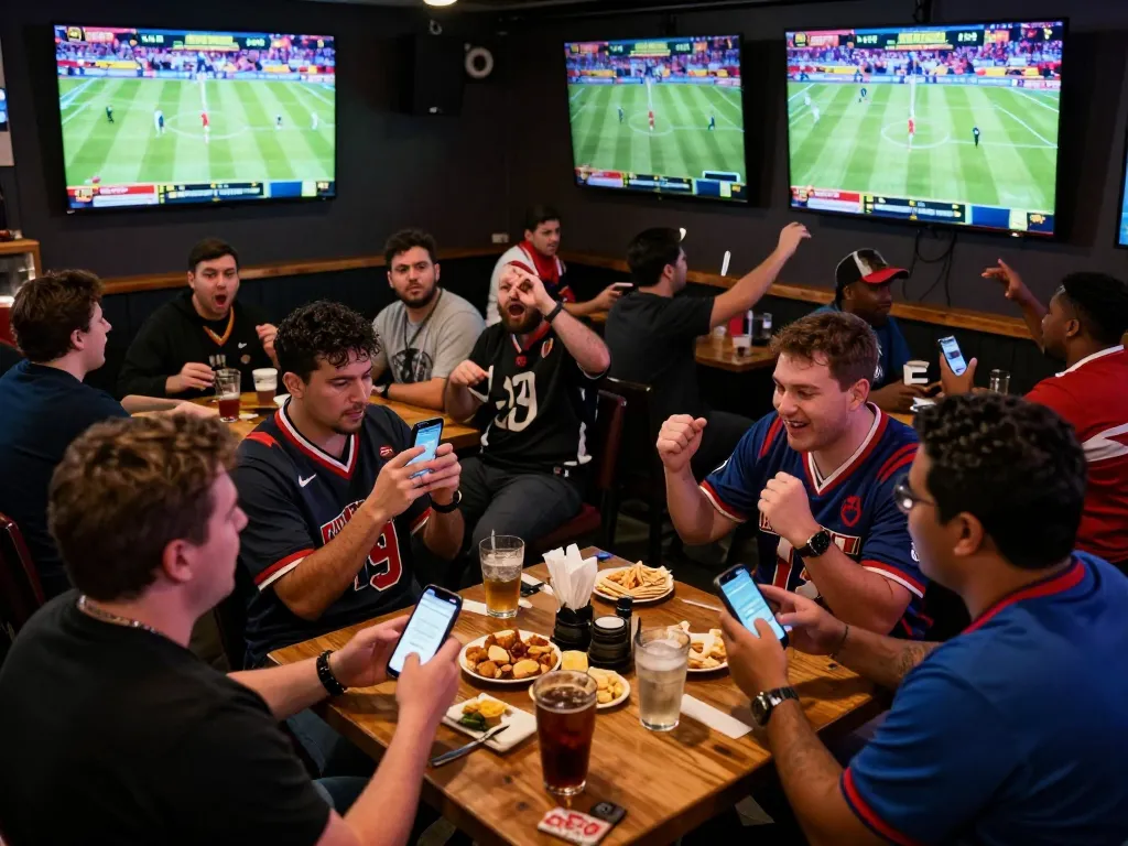 Excited patrons placing bets at a lively sports bar showcasing mm88bet, with multiple screens showing live sports events.