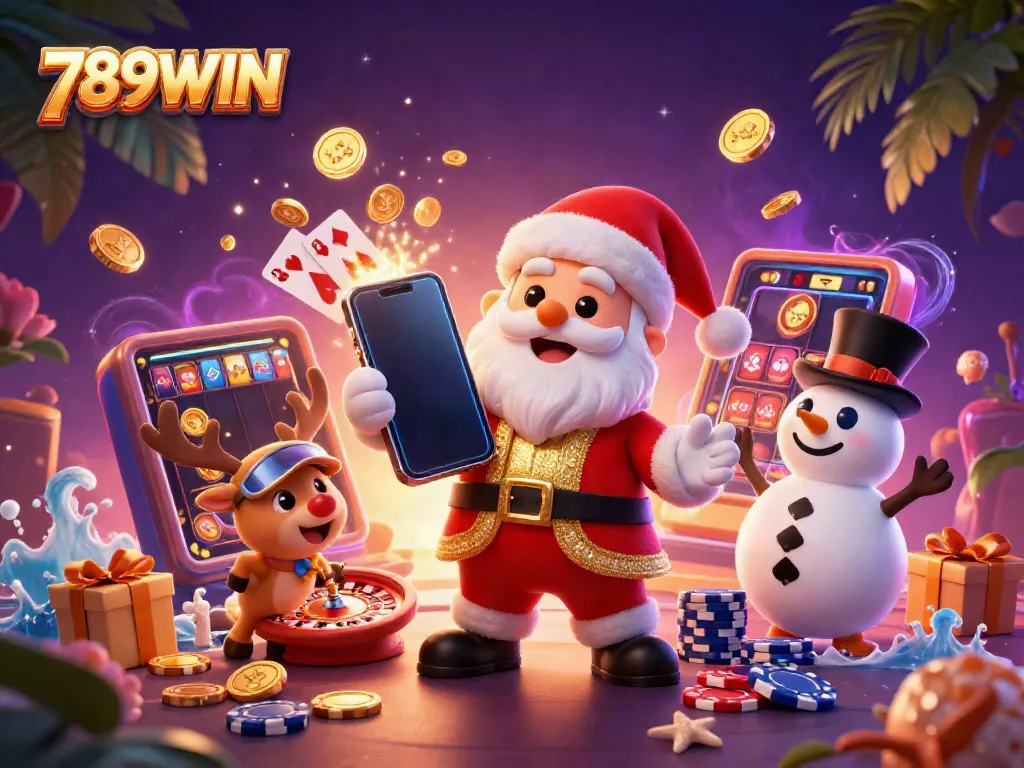 Engage with exciting slot games at 789WIN, featuring a cheerful Santa with gaming elements.