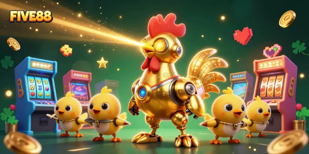 Engage with the vibrant world of FIVE88, featuring a golden rooster robot amidst casino games.
