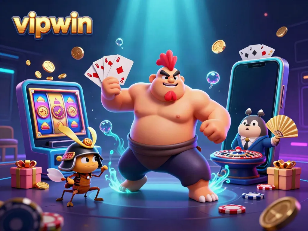Engage with vipwin's dynamic casino scene featuring a powerful sumo wrestler rooster and vibrant gaming elements.
