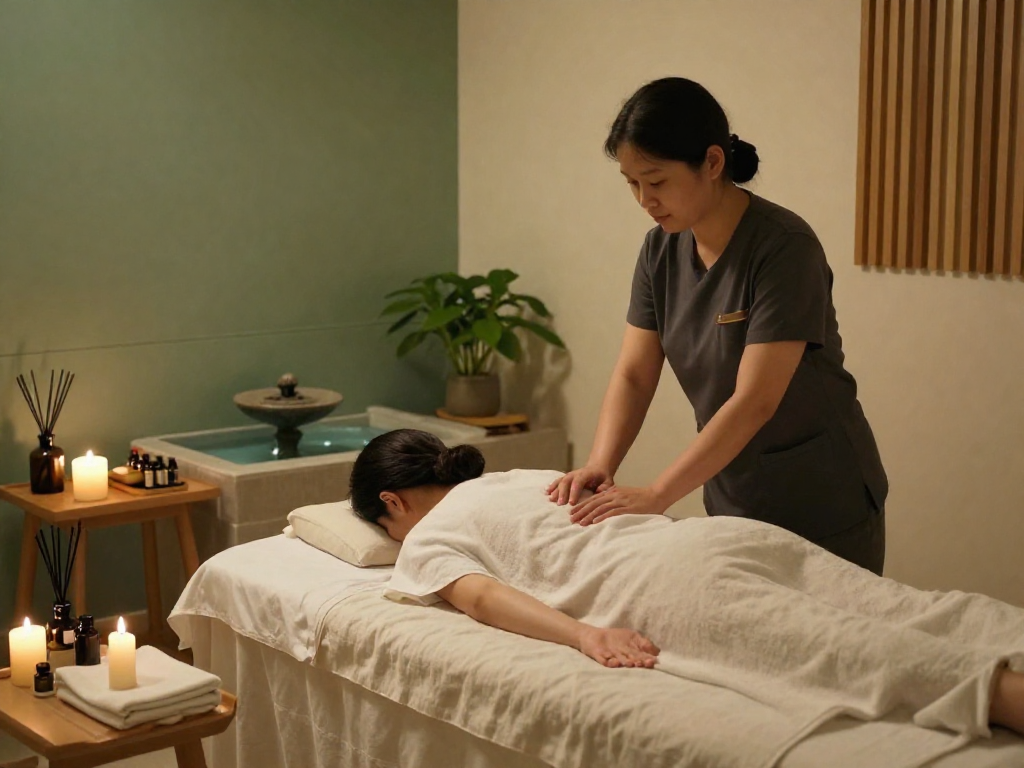 Relaxing 은평구출장안마 session in a tranquil wellness spa with essential oils and serene atmosphere.