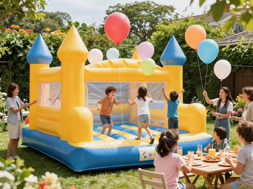 Children enjoying an inflatable castle at a lively outdoor birthday party, surrounded by colorful balloons and festive decorations.