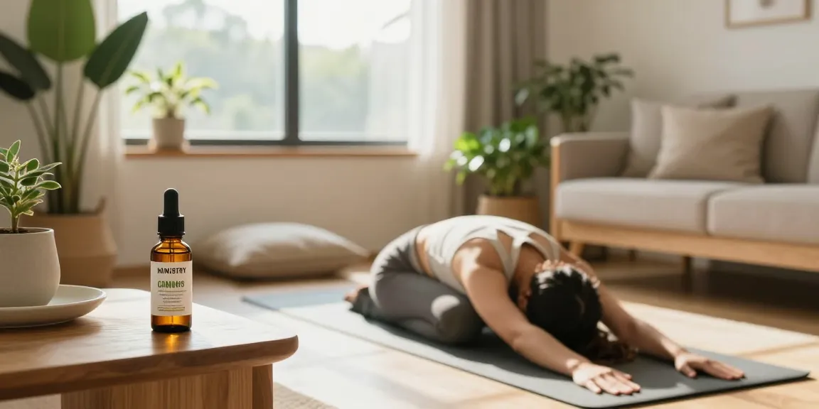 Ministry of Cannabis CBD oil promotes natural wellness during yoga practice in a peaceful living room.