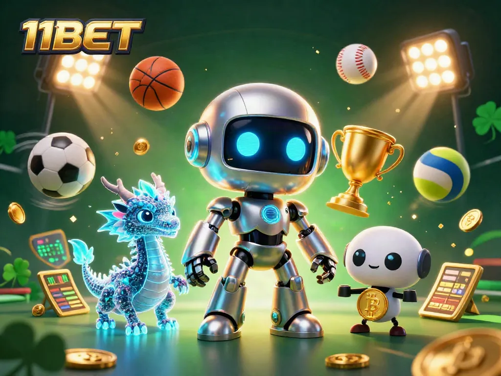 Engage in thrilling gaming action with 11BET's vibrant 3D casino illustration featuring a cyberpunk robot and AI companions.
