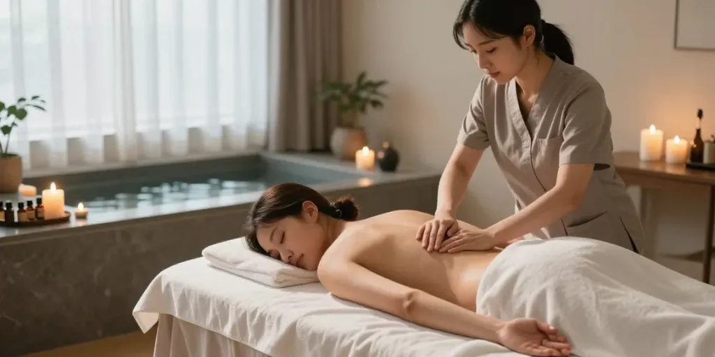 Experience a relaxing 부평출장마사지 in a serene spa atmosphere with soothing lights and calming elements.