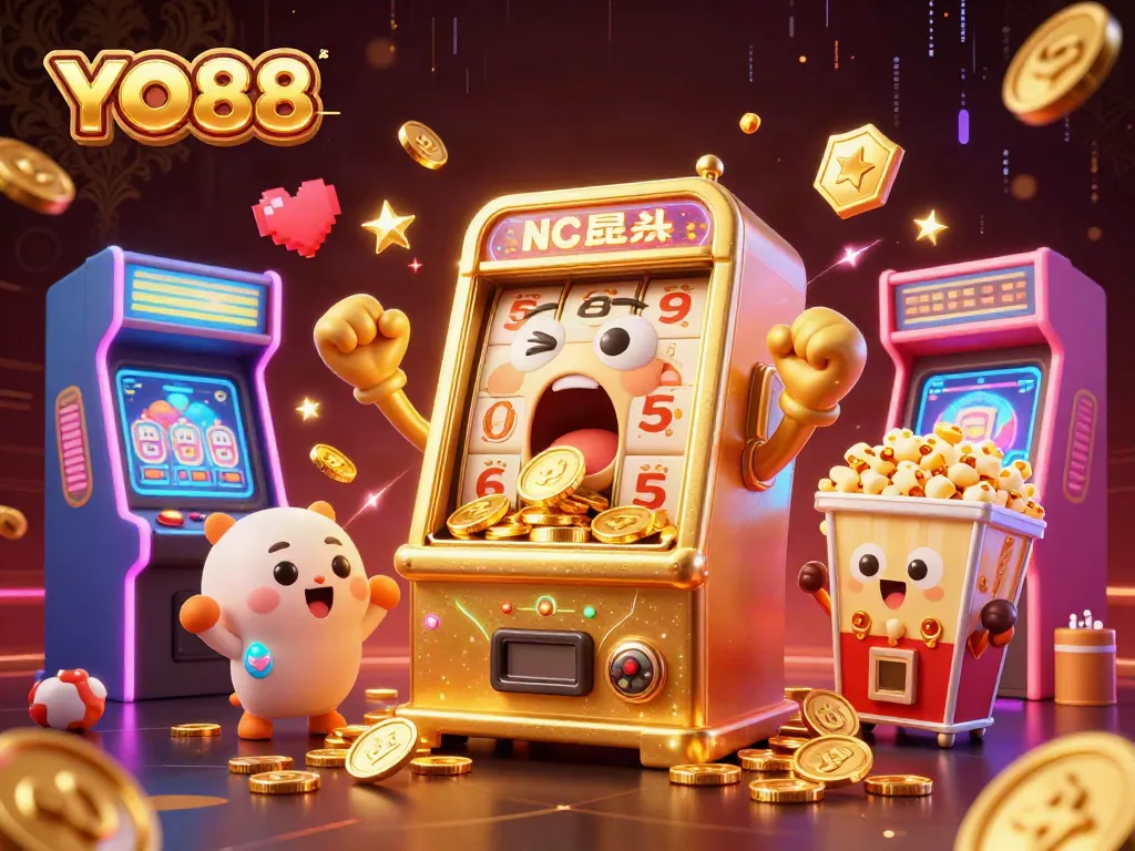 YO88 slot machine hits jackpot, overflowing coins and cheering baby machines in vibrant casino scene.