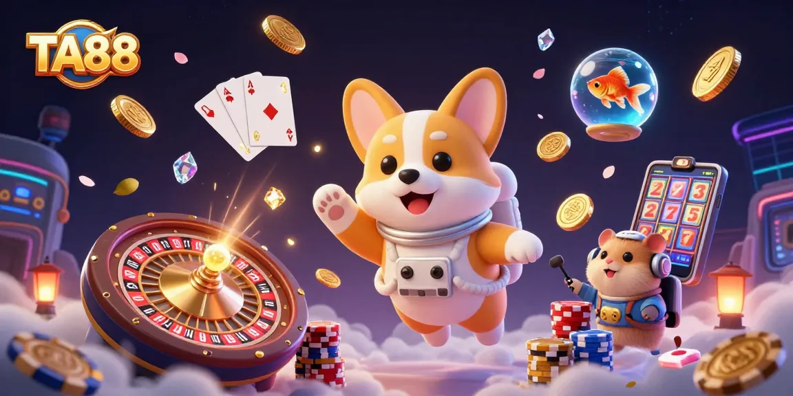 Engage with TA88 in an exhilarating space-themed casino scene featuring a floating corgi and vibrant gaming elements.