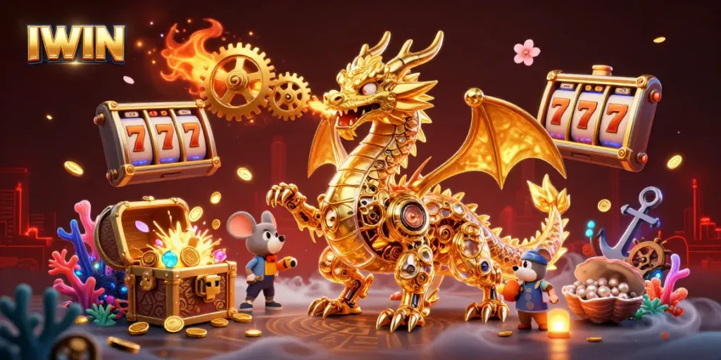 Experience thrilling gameplay with IWIN's golden dragon and rich casino elements in a vibrant 3D illustration.