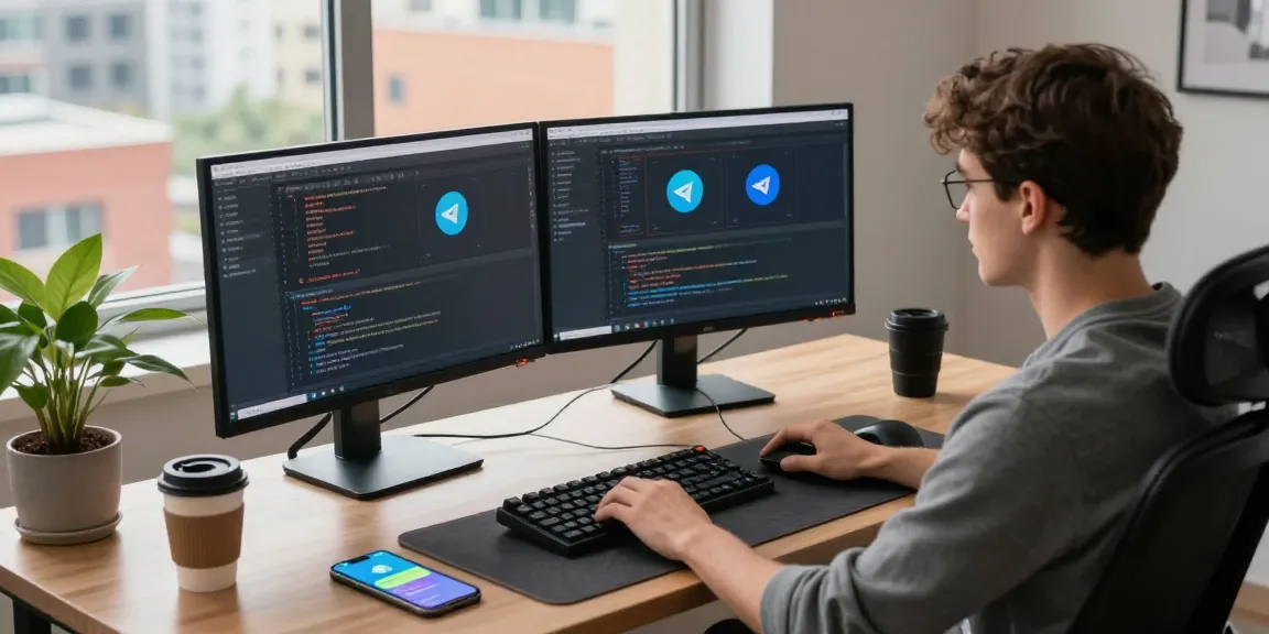 Dynamic workspace for Telegram download showcasing coding on dual monitors, innovative tech gadgets, and a cityscape.