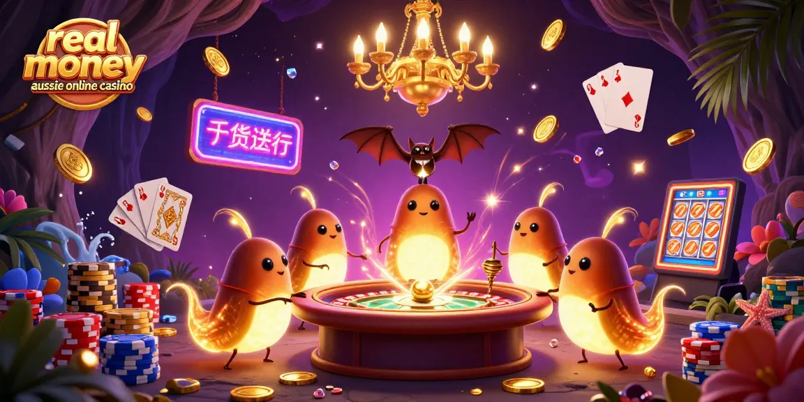 Experience the excitement of real money aussie online casino with a vibrant 3D illustration of glowworms and a bat dealer in a lively casino environment.