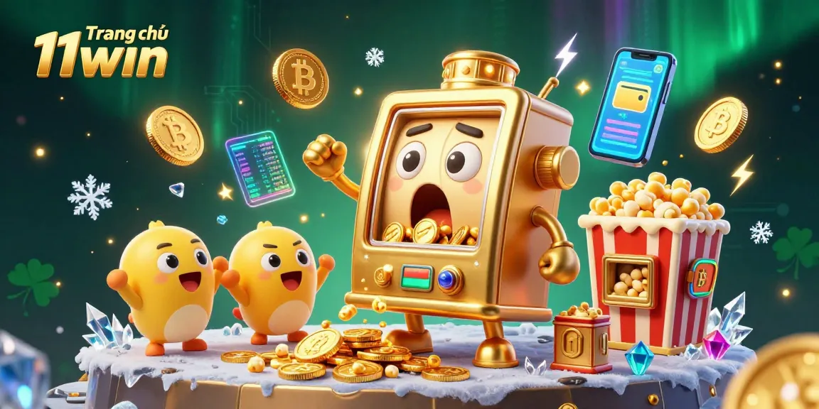 Win big at Trang chủ 11win with a vibrant illustration of a gold slot machine celebrating a jackpot.