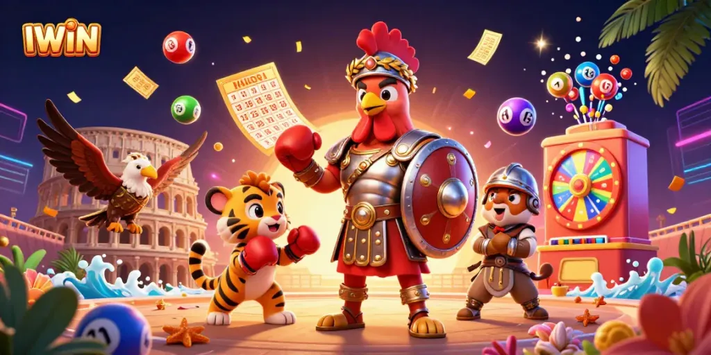 IWIN showcases an energetic casino scene with vibrant characters and dynamic gaming elements.