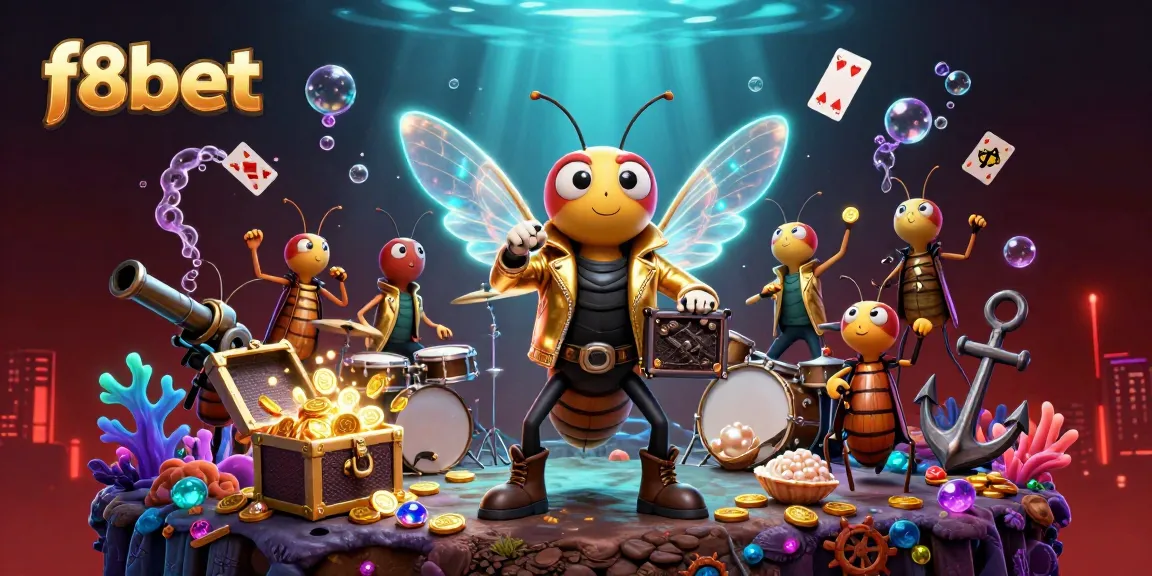 Join in the excitement at f8bet with the 3D rock star cicada and vibrant underwater casino scene, filled with treasures.
