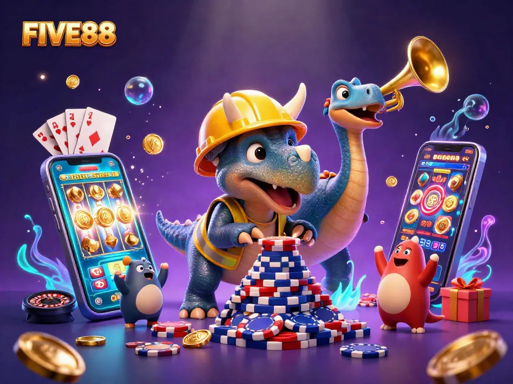 FIVE88 casino-themed illustration depicting a triceratops building poker chips, celebrating with friends.
